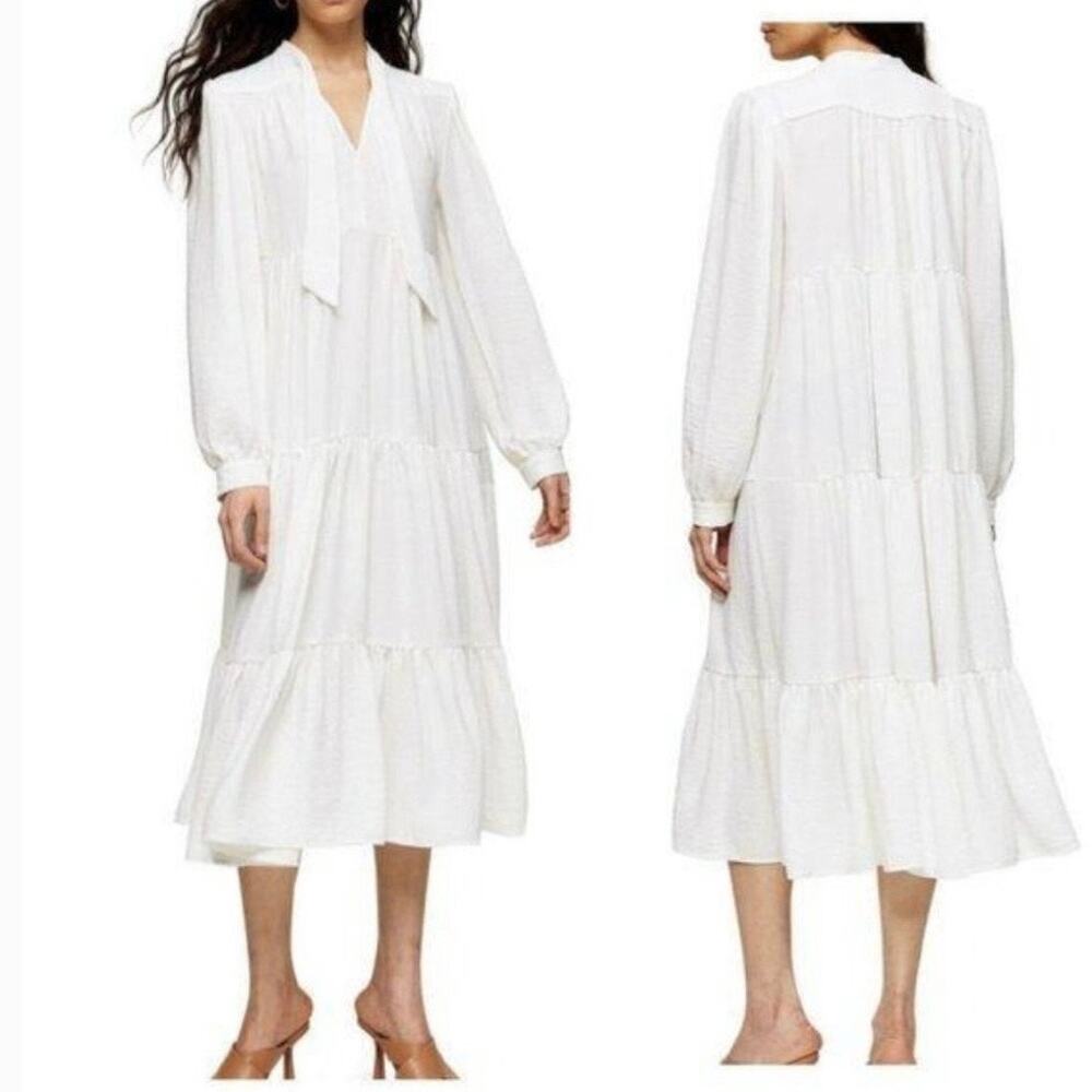 Topshop Tiered Tie Neck Chuckon Midi Dress Gray Women's Size 8